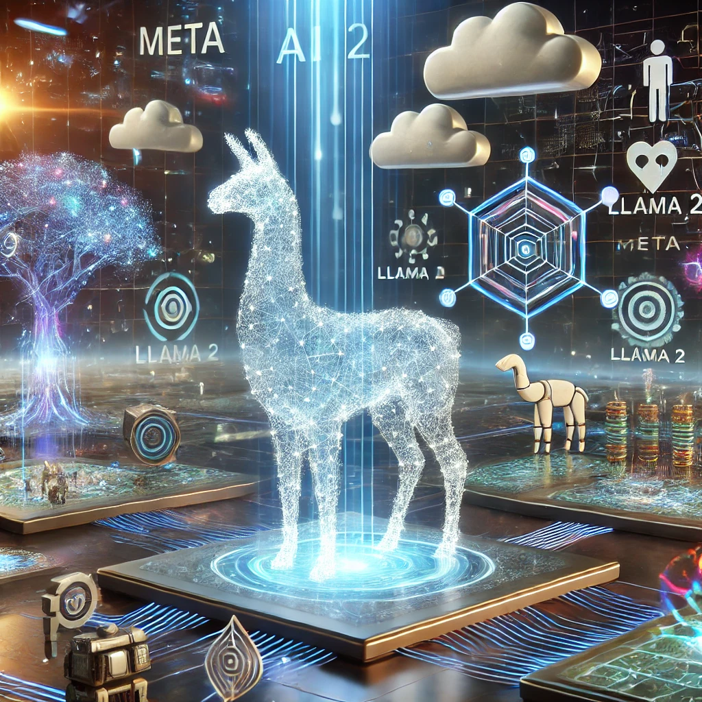 DALL·E 2024-10-09 11.59.42 – An image representing Meta’s new AI model, Llama 2, and its potential impact on the AI landscape. The scene includes a futuristic digital landscape wi