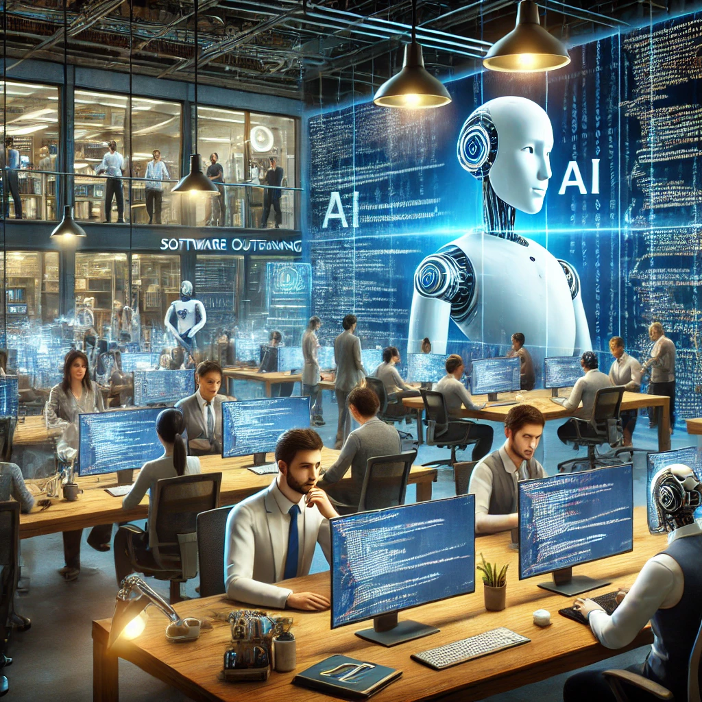 DALL·E 2024-10-14 12.10.04 – A realistic image showing the impact of AI on software outsourcing work. The image should depict an office environment with diverse professionals from